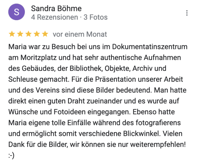 Google Bewertung sehr gut Business Shooting Dokumentation