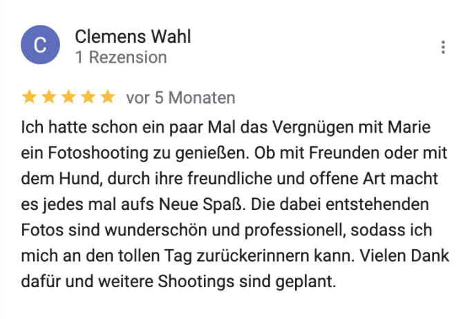 Google Bewertung sehr gut Portrait Shooting 