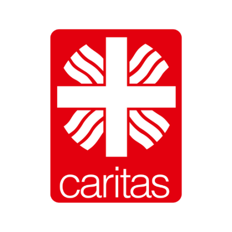 Logo von Caritas, roter Hintergrund mit weißem Kreuz und Wellenmustern.