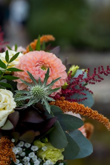 Bunte Blumenzusammenstellung mit Rosen, Disteln und grünen Blättern.